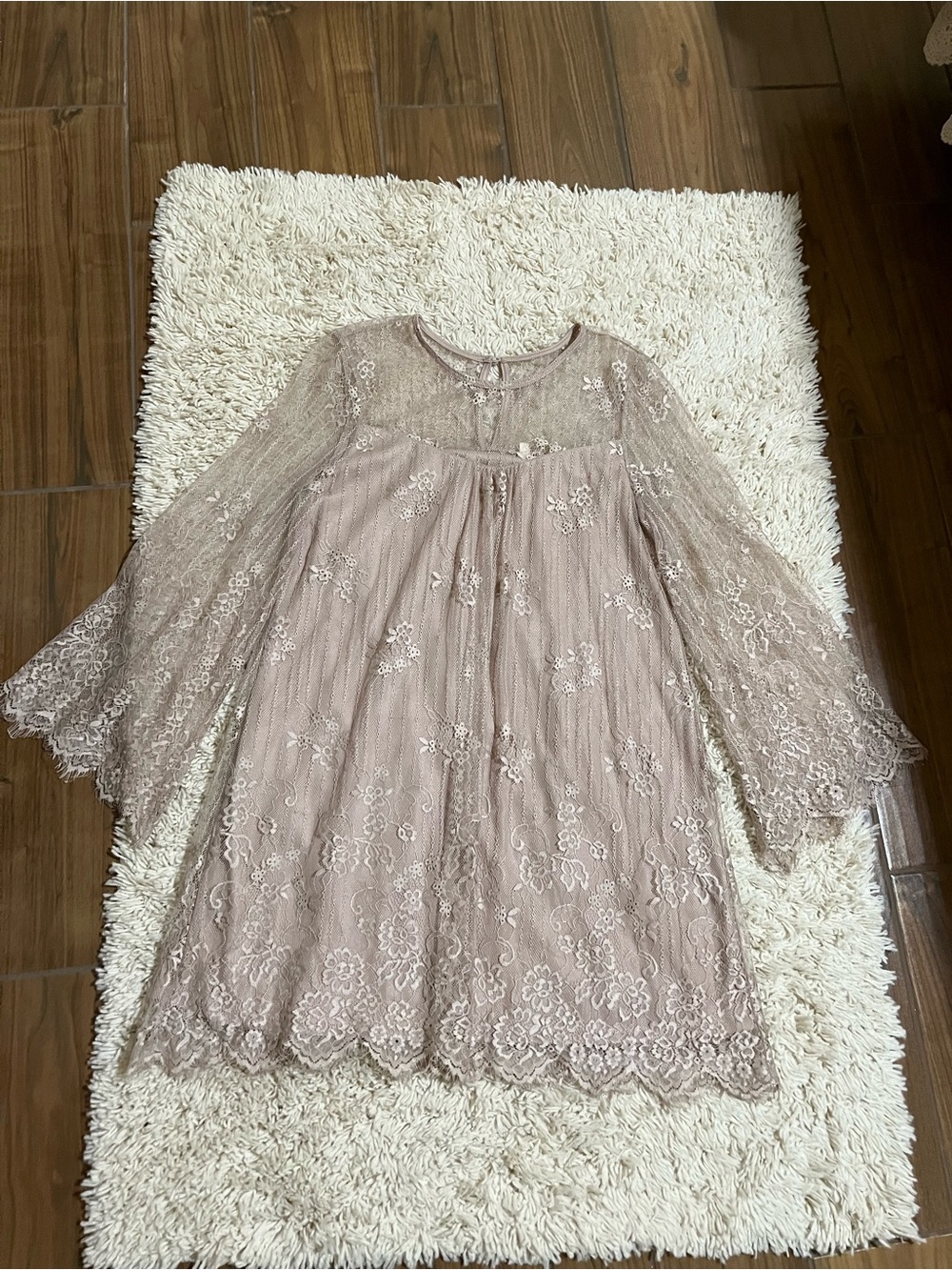En Creme Dusty Taupe Lace Mini Dress with Bell Sleeves